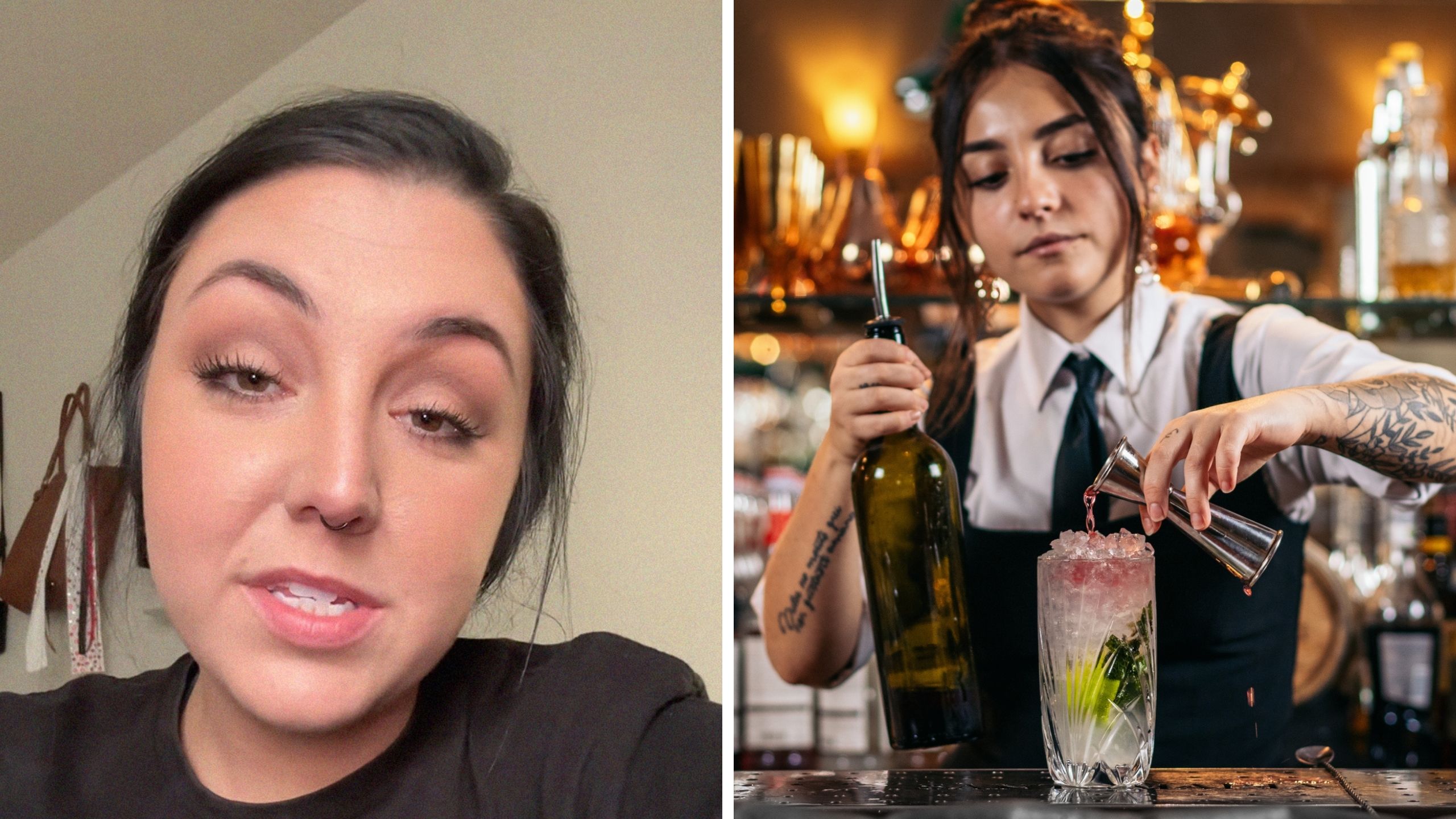 woman shares work tricks (l) bartender mixing drinks (r)