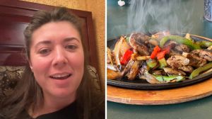 woman shares what she's eating (l) sizzling chicken fajitas (r)