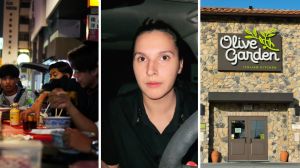 group of boys eating (l) woman shares work experience (c) olive garden entrance (r)