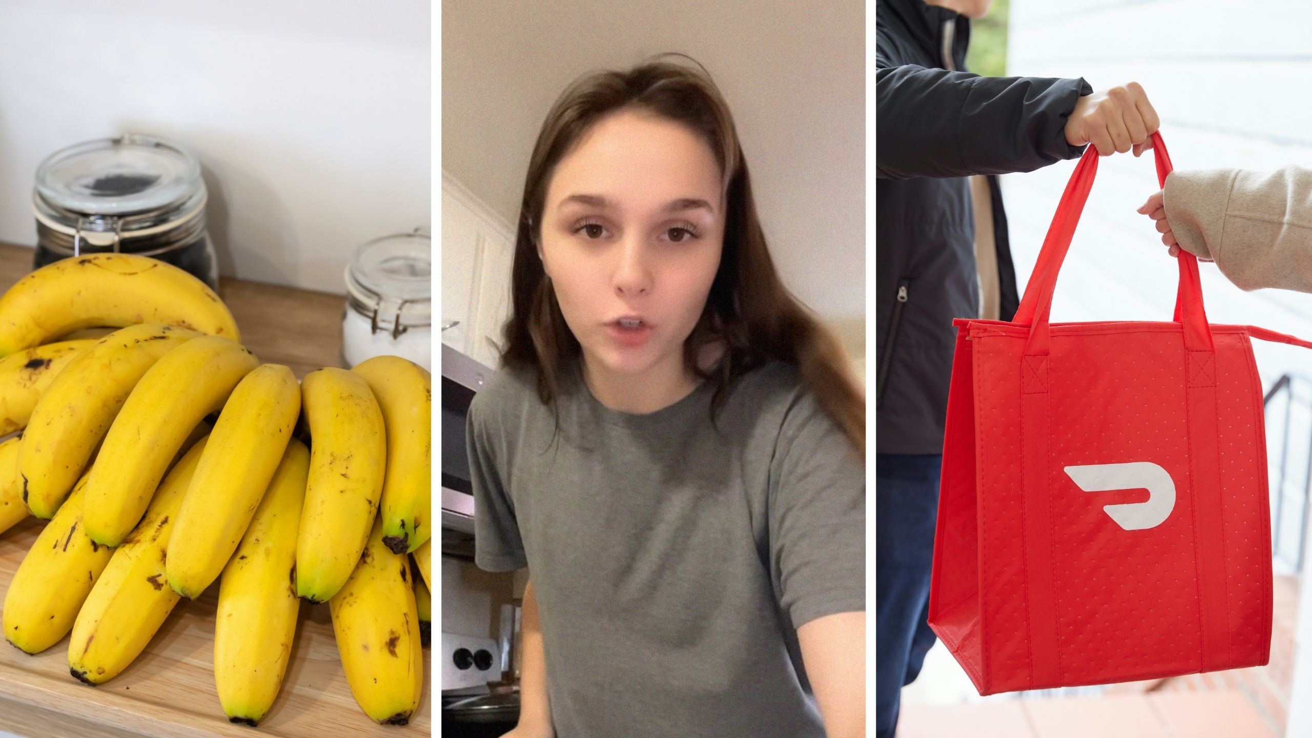 fresh bananas (l) woman shares doordash experience (c) doordash bag (r)
