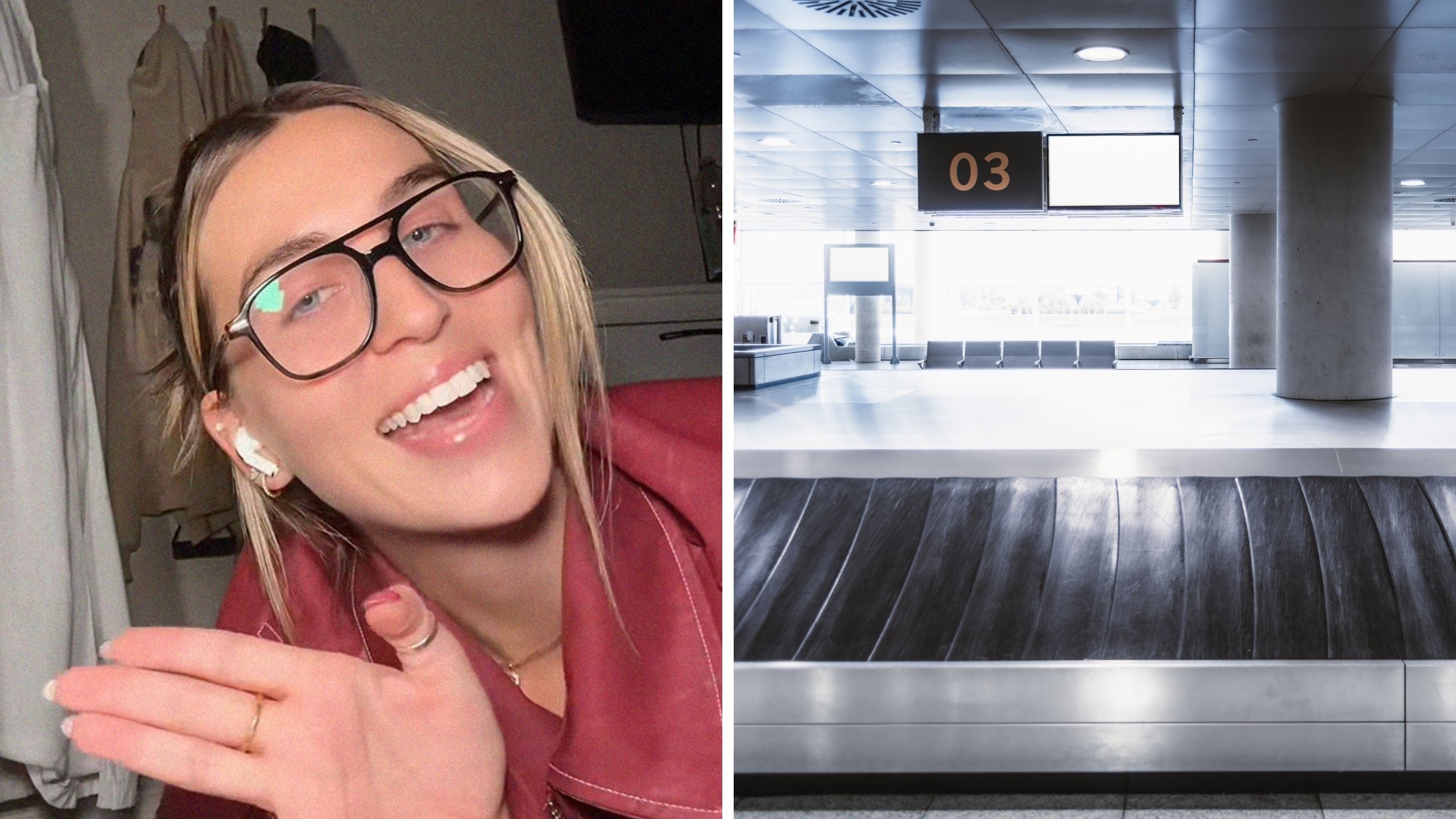 woman shares airport issue (l) baggage carousel (r)