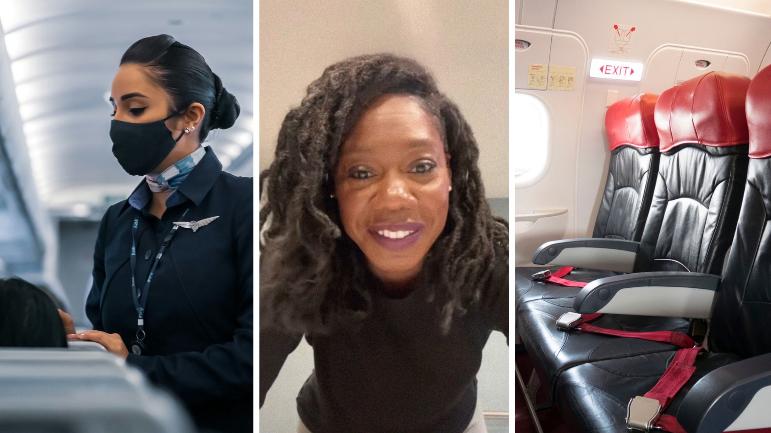 flight attendant speaking to passenger (l) woman shares work experience (c) exit row seats (r)