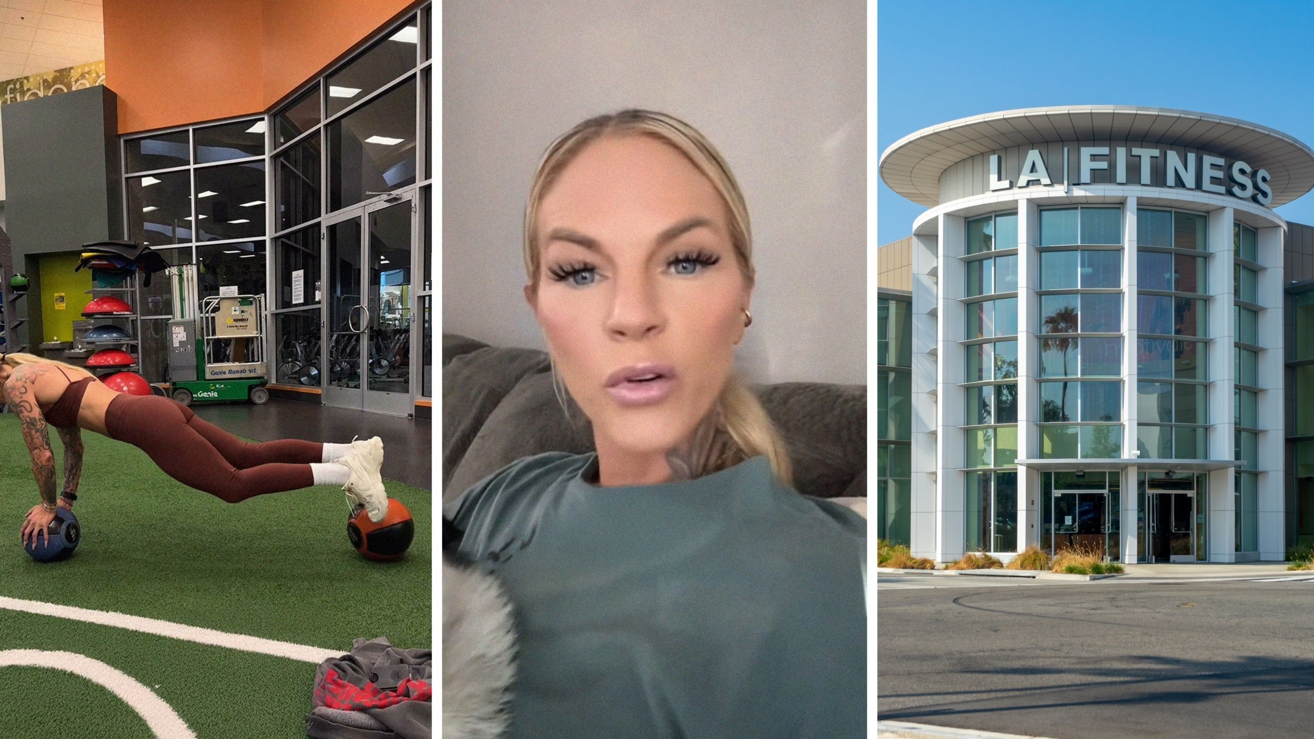 woman doing push-ups (l) woman shares gym issue (c) LA fitness gym (r)
