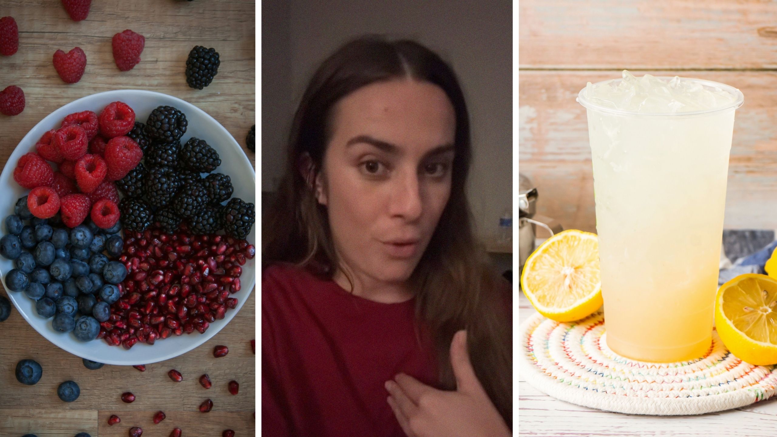 fresh berries (l) woman shares work story (c) lemonade juice (r)