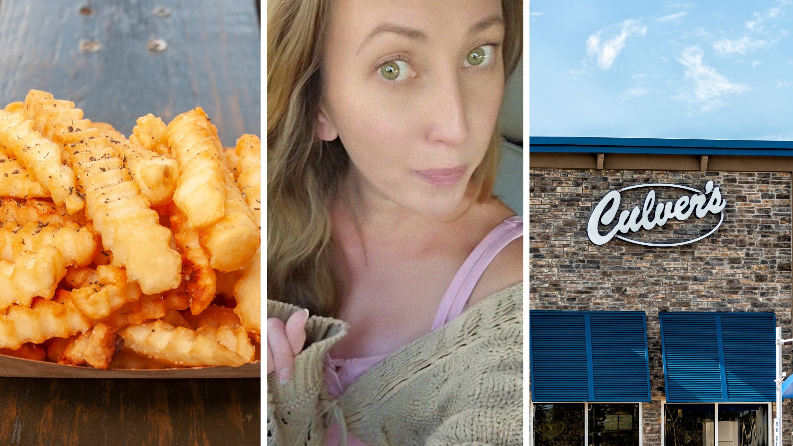 take out fries (l) woman shares food issue (c) culver's entrance (r)