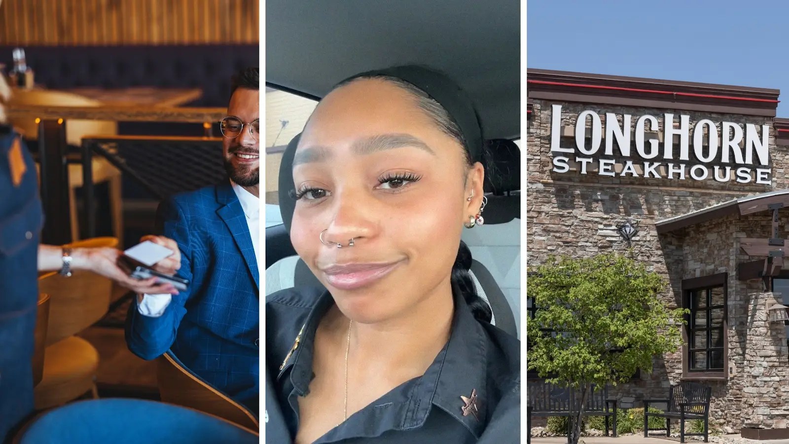 man paying his bill (l) woman shares work experience (c) longhorn steakhouse entrance (r)
