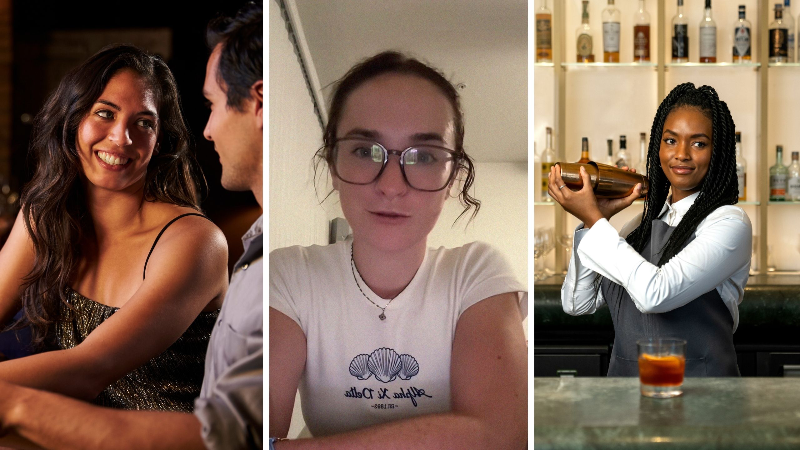 couple at a bar (l) woman shares work lines (c) bartender mixing drinks (r)