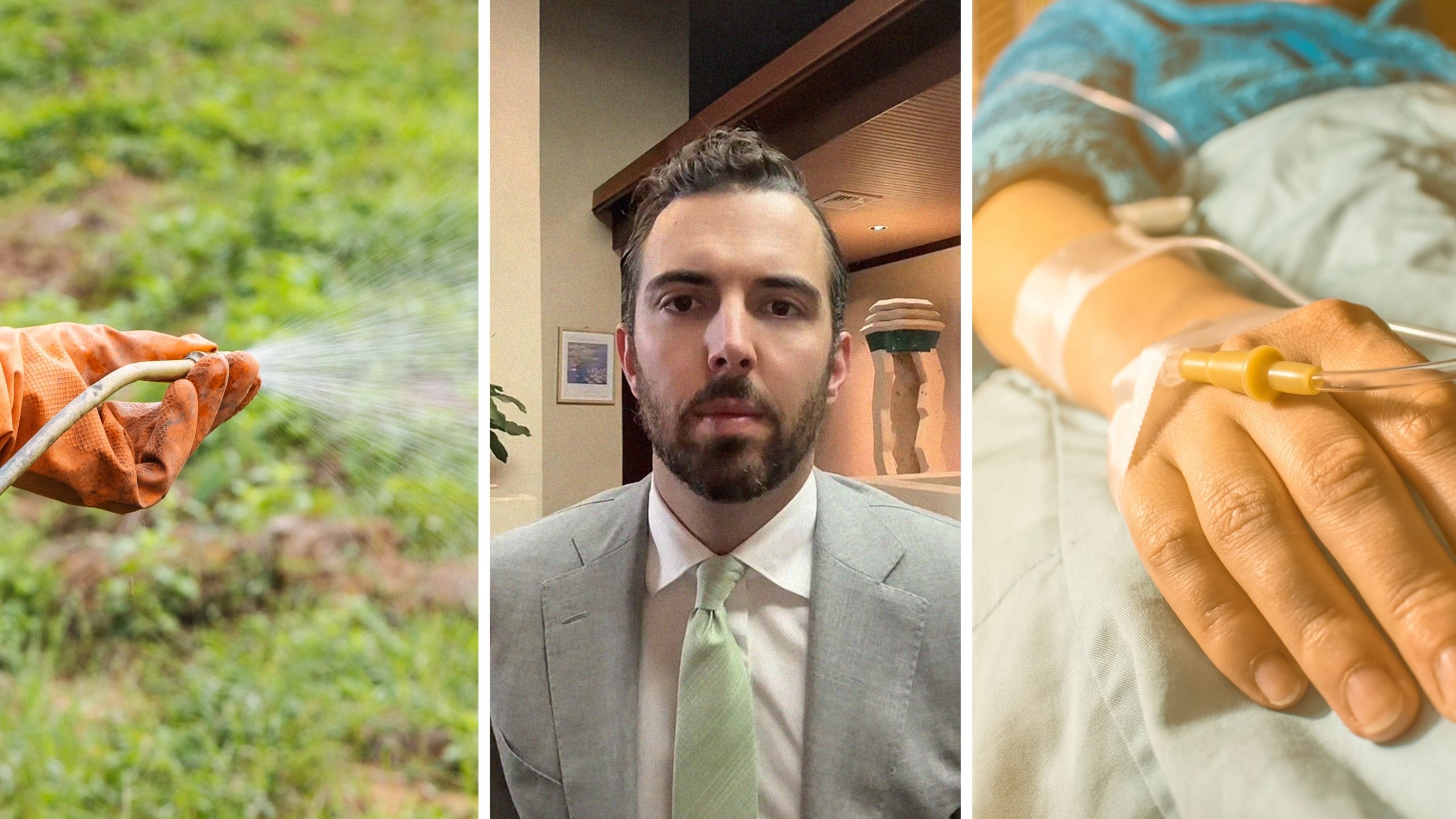 spraying weed killer (l) man shares dangerous products (c) sick person (r)