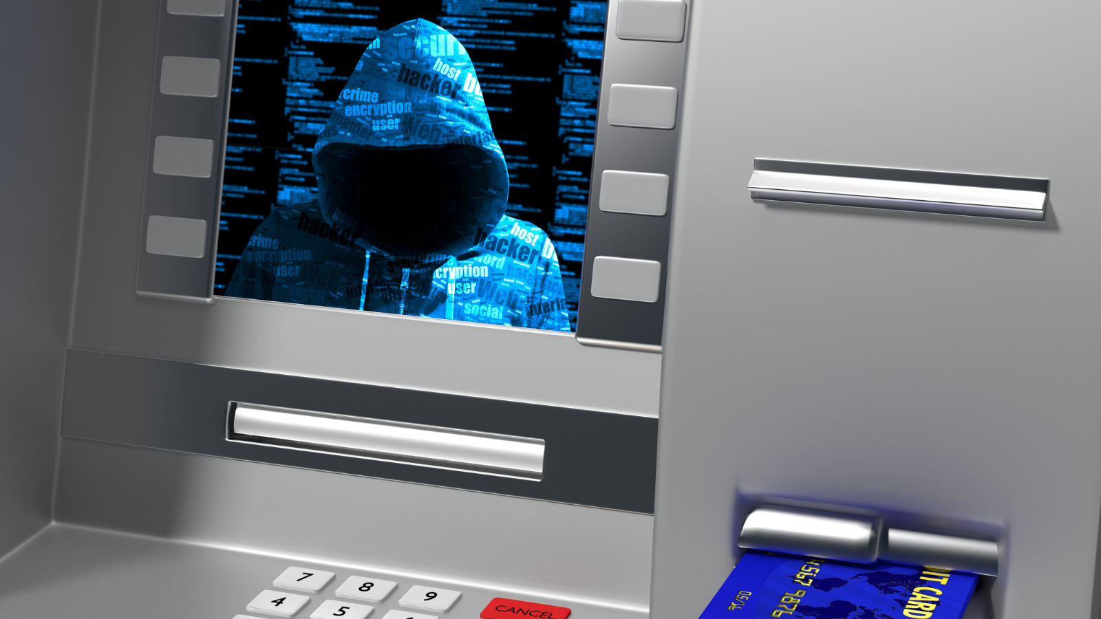 criminal standing in front of an ATM