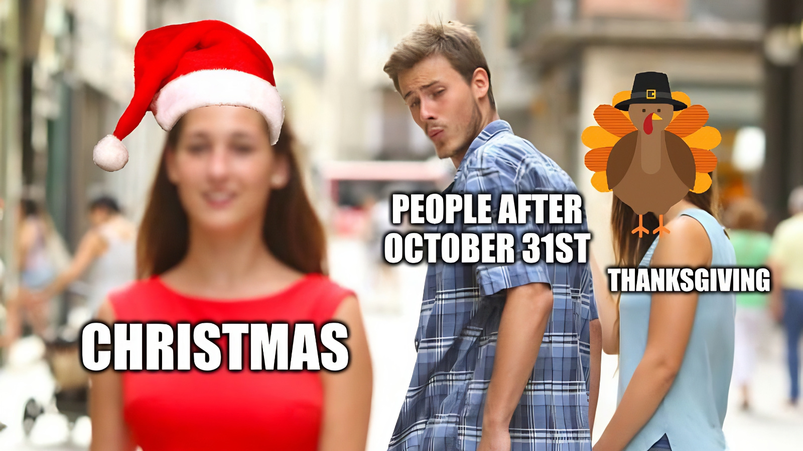 distracted boyfriend meme about Thanksgiving versus Christmas