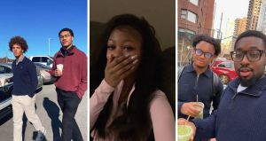 man walking in new trend style (l) woman shares emotions towards new jacket trend (c) men sharing their outfit from the new trend going on (r)