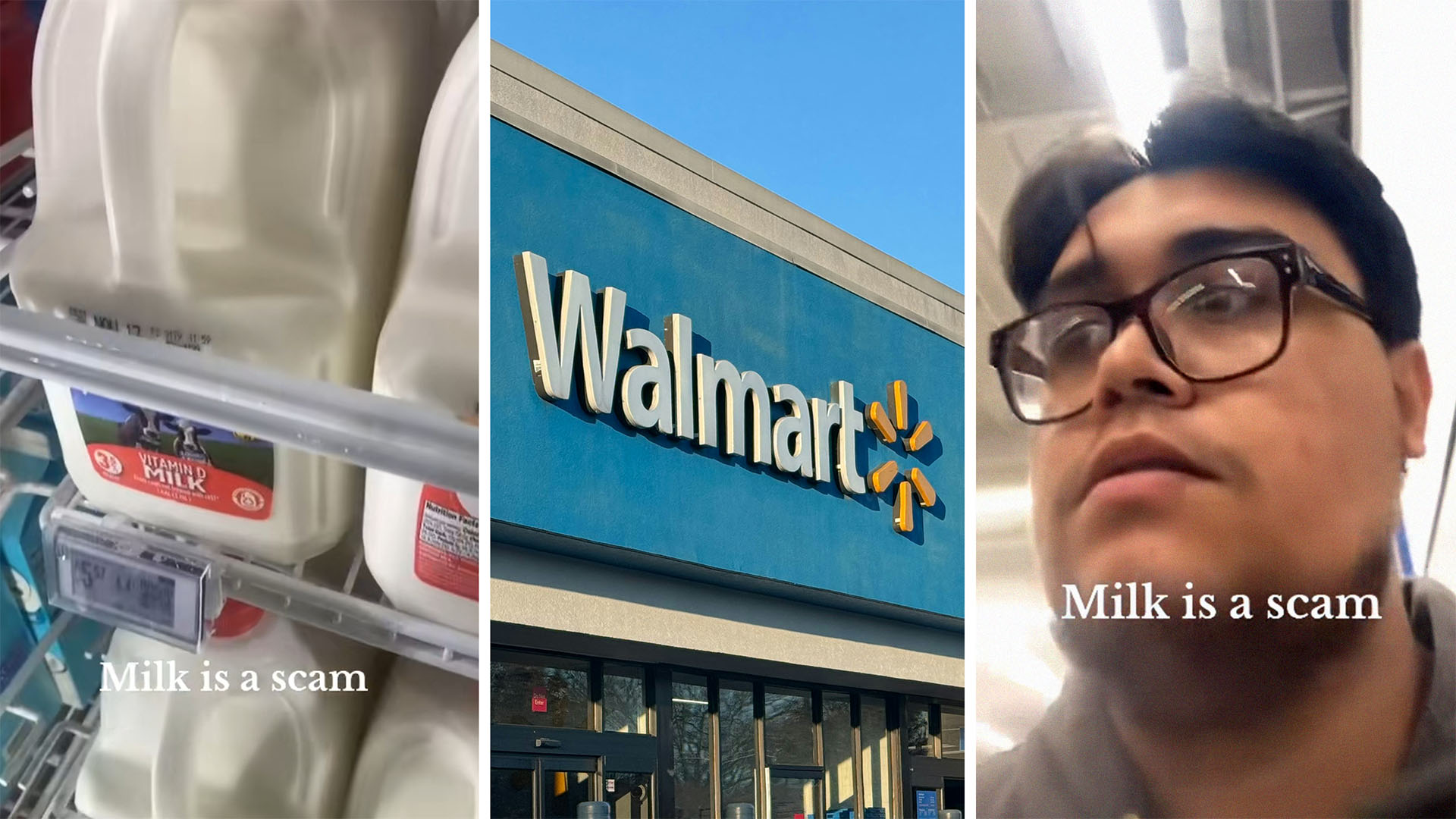 Milk inside of refrigerator at store(l) Walmart Store Front(c) close up of man wearing glasses(r)