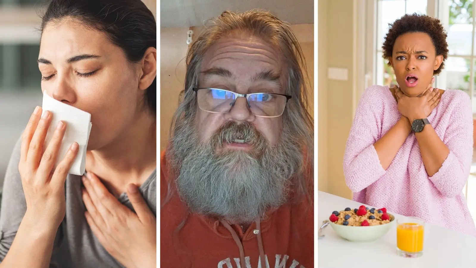 woman coughing hard (l) man shares what to do when choking (c) woman choking while eating (r)