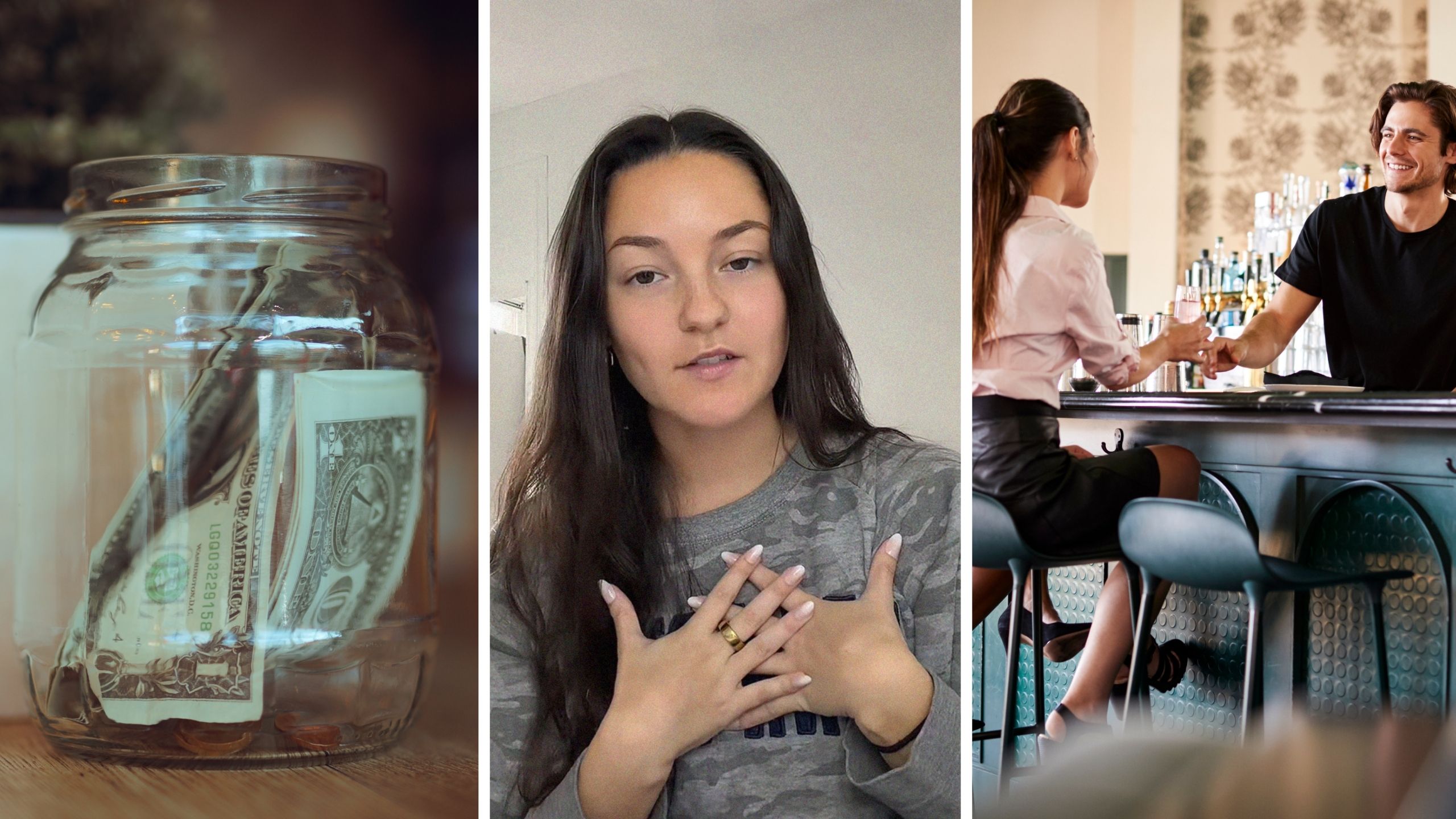 tipping jar (l) woman shares bar issue (c) bartender serving (r)