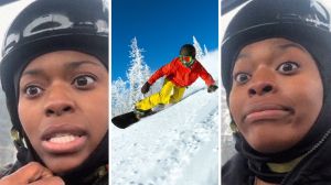 woman shares snowboarding experience (l) snowboarding (c) woman regrets snowboarding (r)