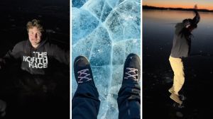 man shows how to get out after falling through ice (l) frozen lake (c) man falls through ice (r)