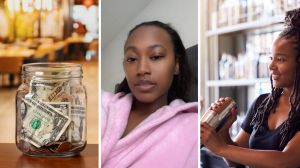 tip jar (l) woman shares work experience (c) bartender making drinks (r)