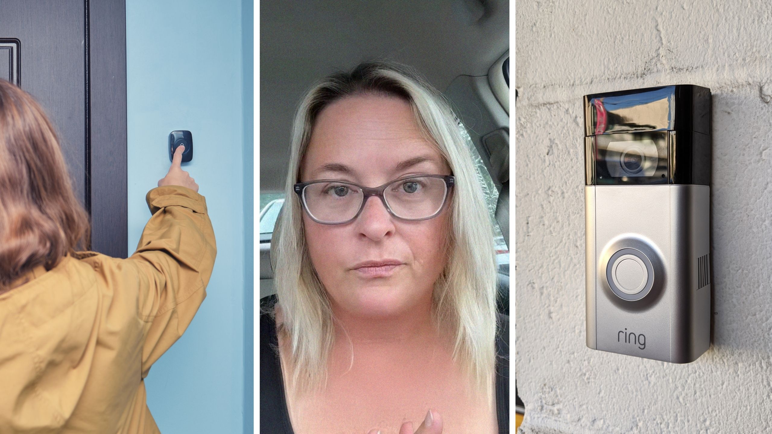 woman at front door (l) woman shares scam attempt issue (c) ring camera (r)