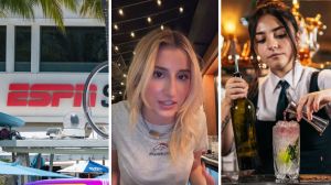espn studios (l) woman shares job stories (c) female bartender (r)