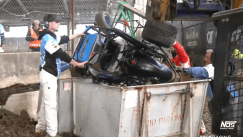 Crazy Dirt Racing Crash At Tulsa Shootout Ends With Car Lodged In Dumpster After Jumping Fence