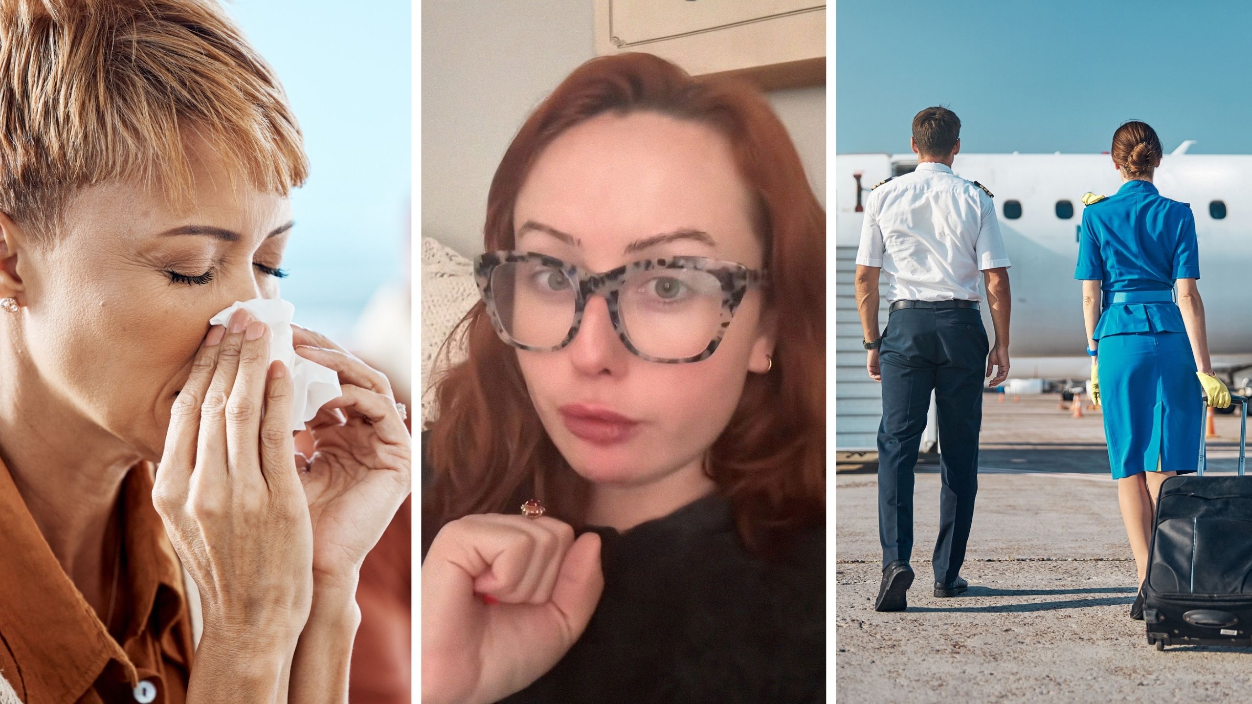 a congested woman (l) woman shares tips she gives new hires (c) pilot and flight attendant heading to flight (r)