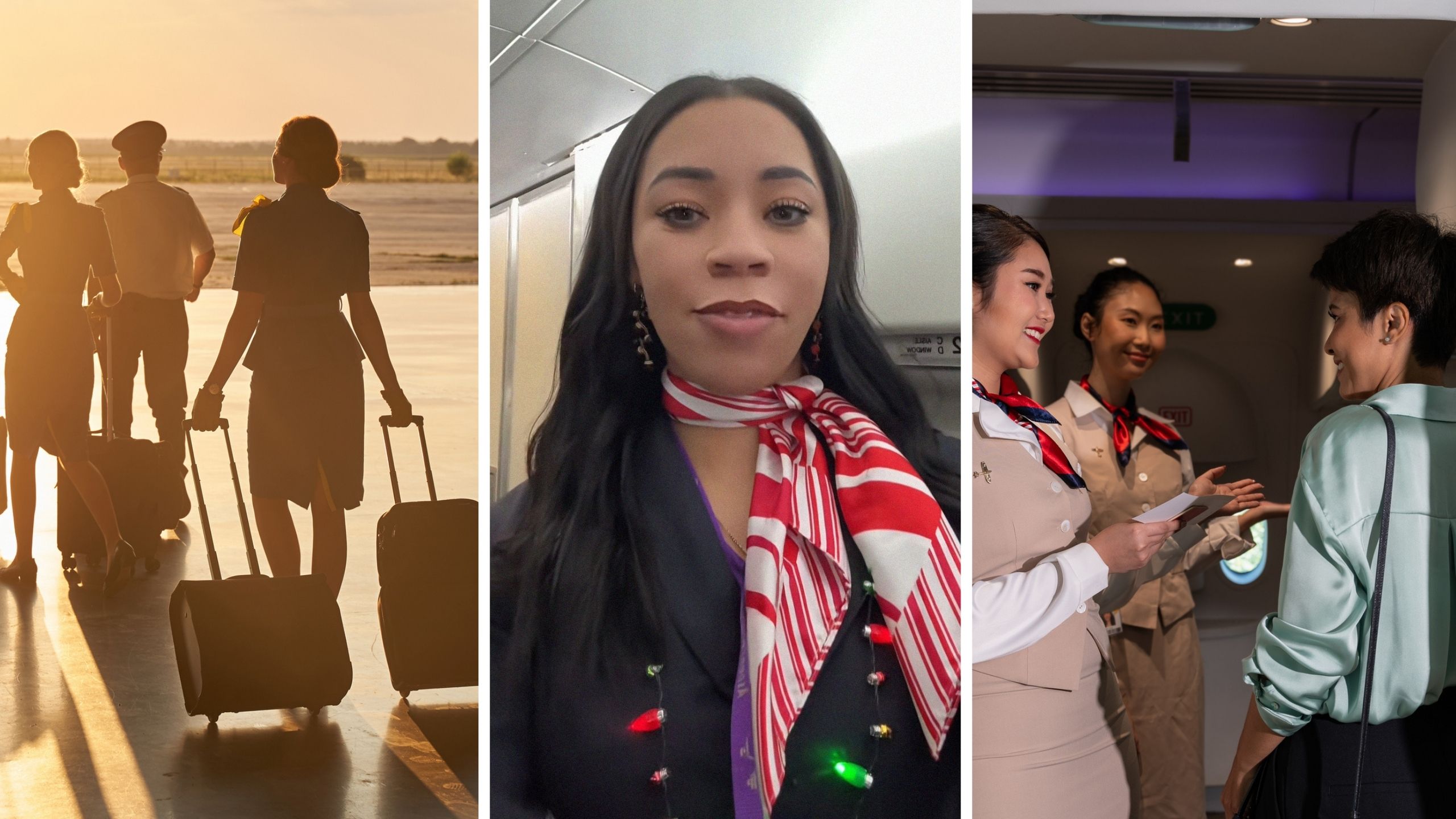 flight attendants going to work (l) woman shares work experience on christmas day (c) passengers entering and apologizing for causing work on christmas day (r)