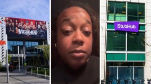 WWE arena (l) woman shares stubhub scam experience (c) stubhub building entrance (r)