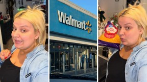 woman shares walmart purchase (l) walmart store front (c) woman shows her cheese bag (r)