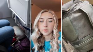 carry on bag under plane seat (l) woman shares flight issue (c) personal damaged bag (r)