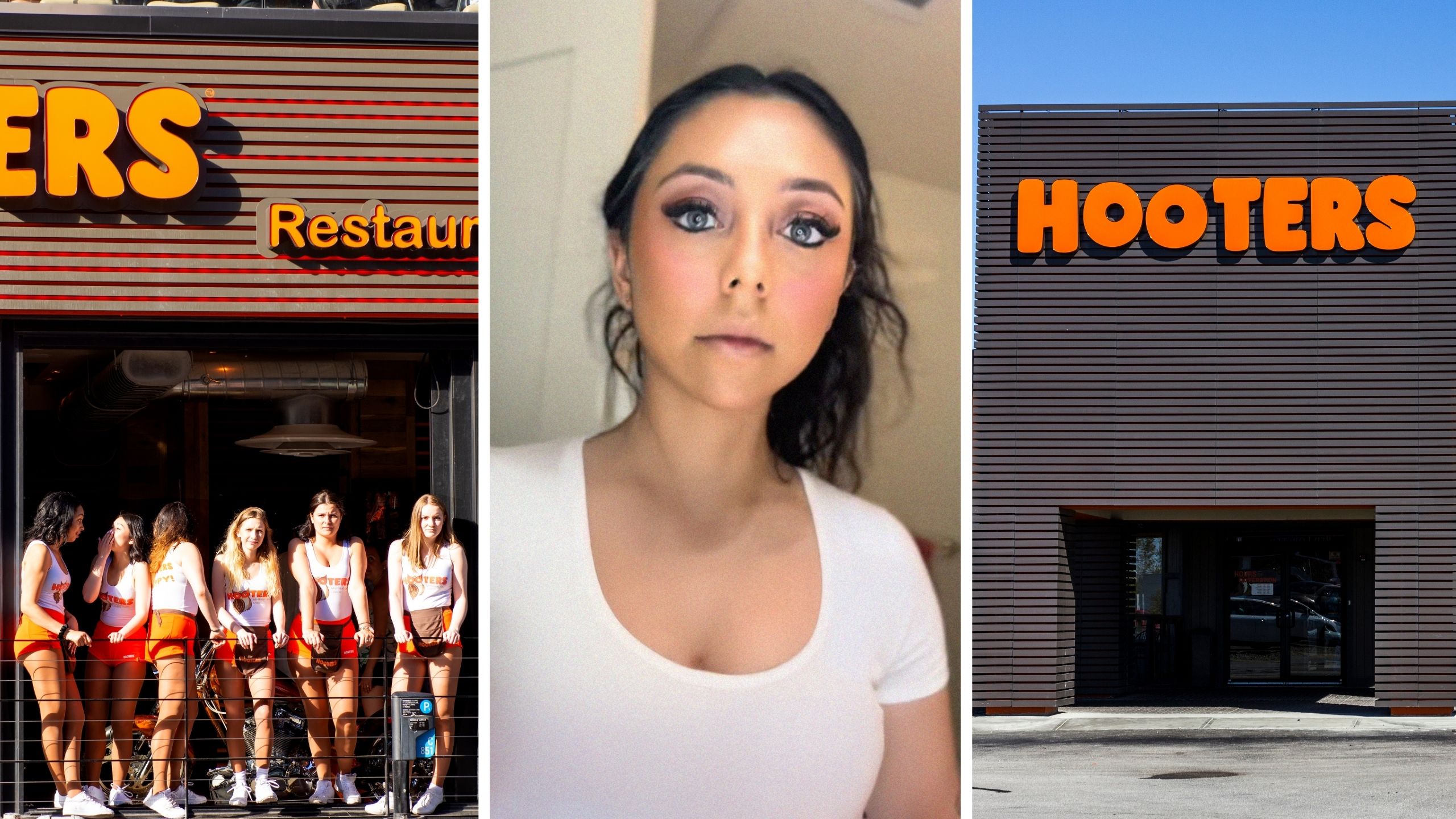 hooter girls (l) women shares their job rules (c) hooters entrance (r)