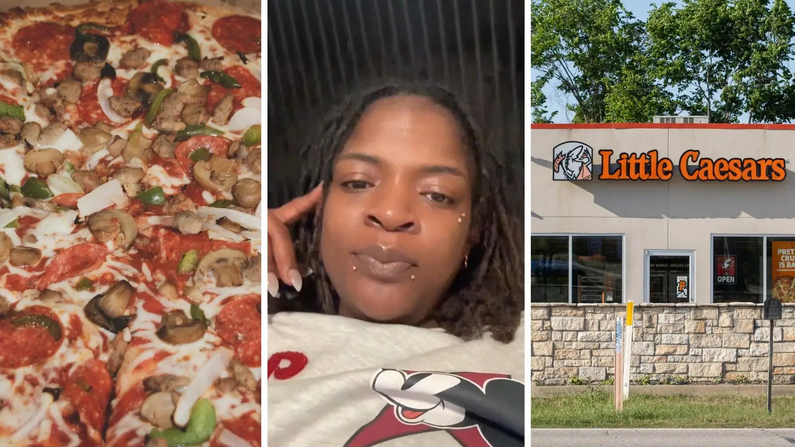 hot pizza (l) woman shows her pizza purchase (c) little caesars front entrance (r)