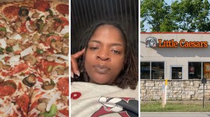 hot pizza (l) woman shows her pizza purchase (c) little caesars front entrance (r)