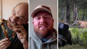 man eating meat off bone (l) man shares hunting experience (c) man hunting deer (r)