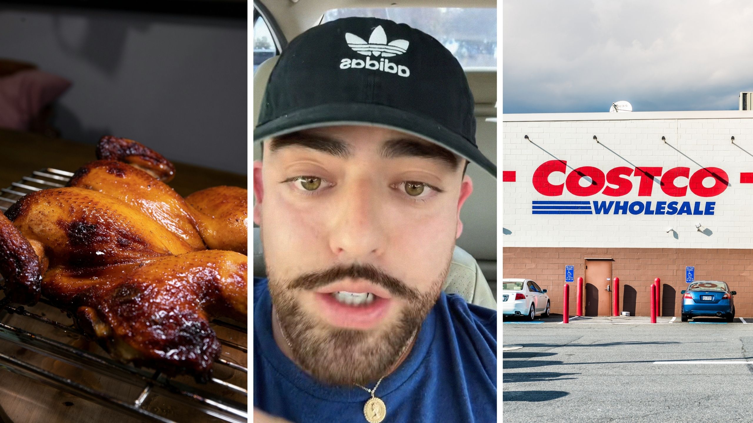 rotisserie chicken (l) man shares costco chicken hack (c) costco store front (r)