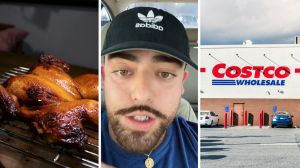 rotisserie chicken (l) man shares costco chicken hack (c) costco store front (r)