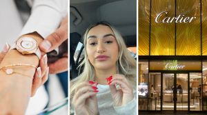 woman trying on watches (l) woman shares first date experience (c) cartier store front (r)