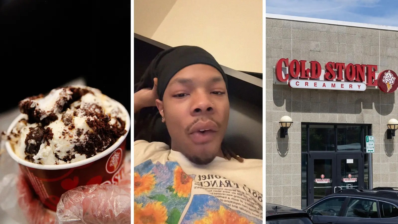 coldstone ice cream (l) man shares surprise when he goes to cold stone (c) cold stone entrance (r)