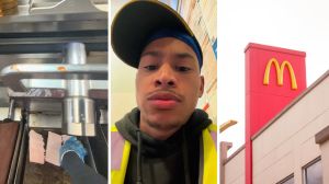 worker making grilled ribs (l) worker shows how to make McRib (c) McDonalds entrance (r)