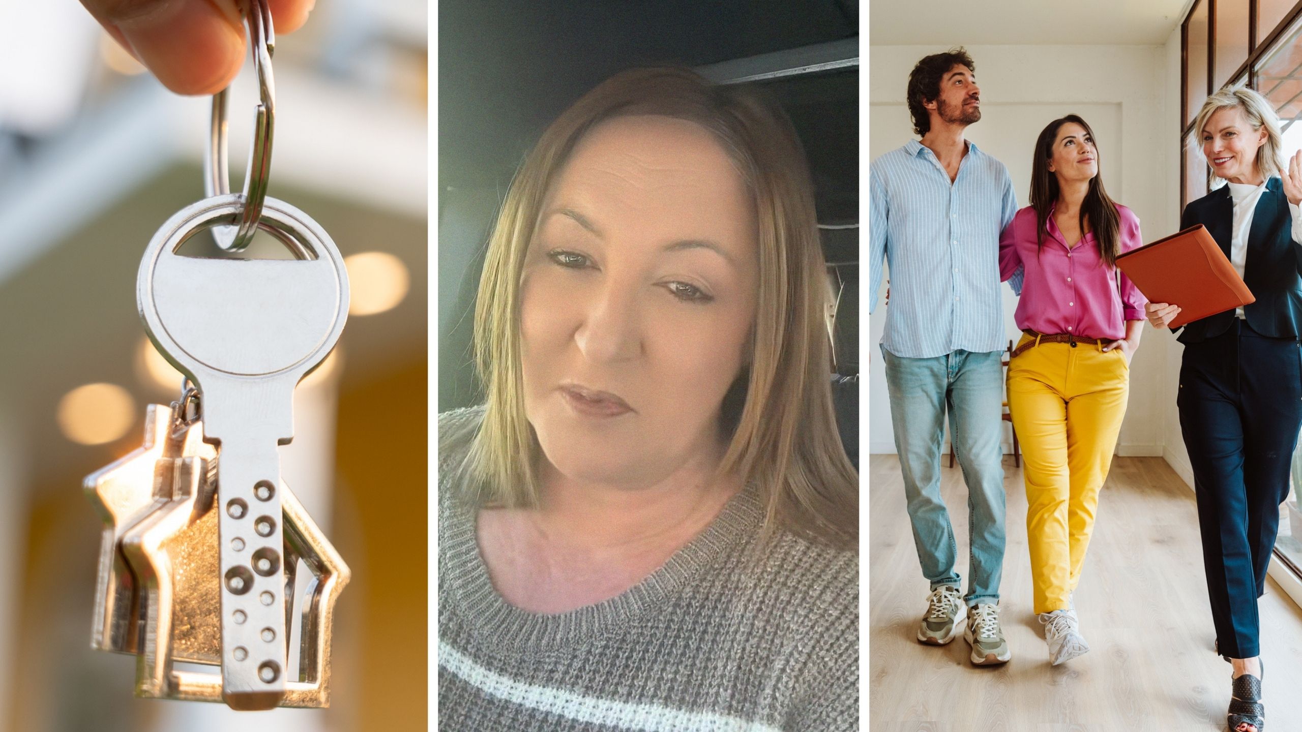 new home keys (l) woman shares psa to home owners (c) new home owners viewing home (r)