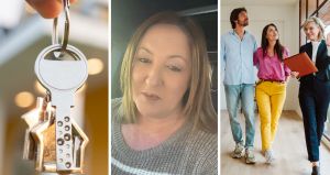 new home keys (l) woman shares psa to home owners (c) new home owners viewing home (r)