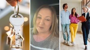 new home keys (l) woman shares psa to home owners (c) new home owners viewing home (r)