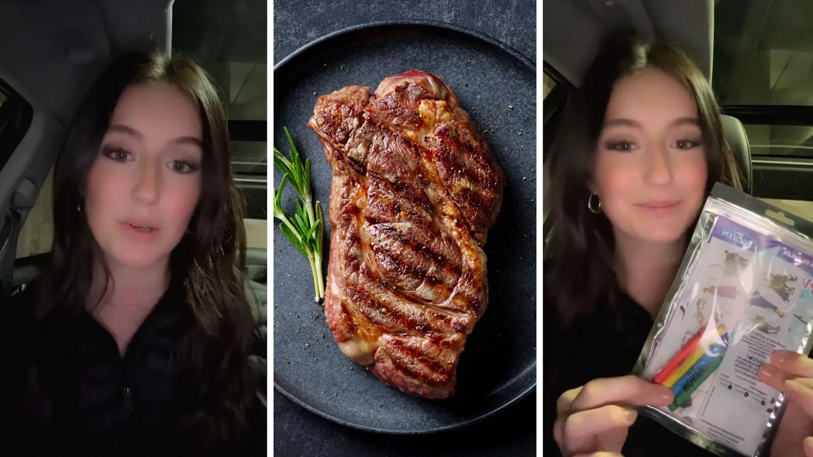 woman shares steakhouse experience (l) steak on plate (c) woman holding coloring book (r)