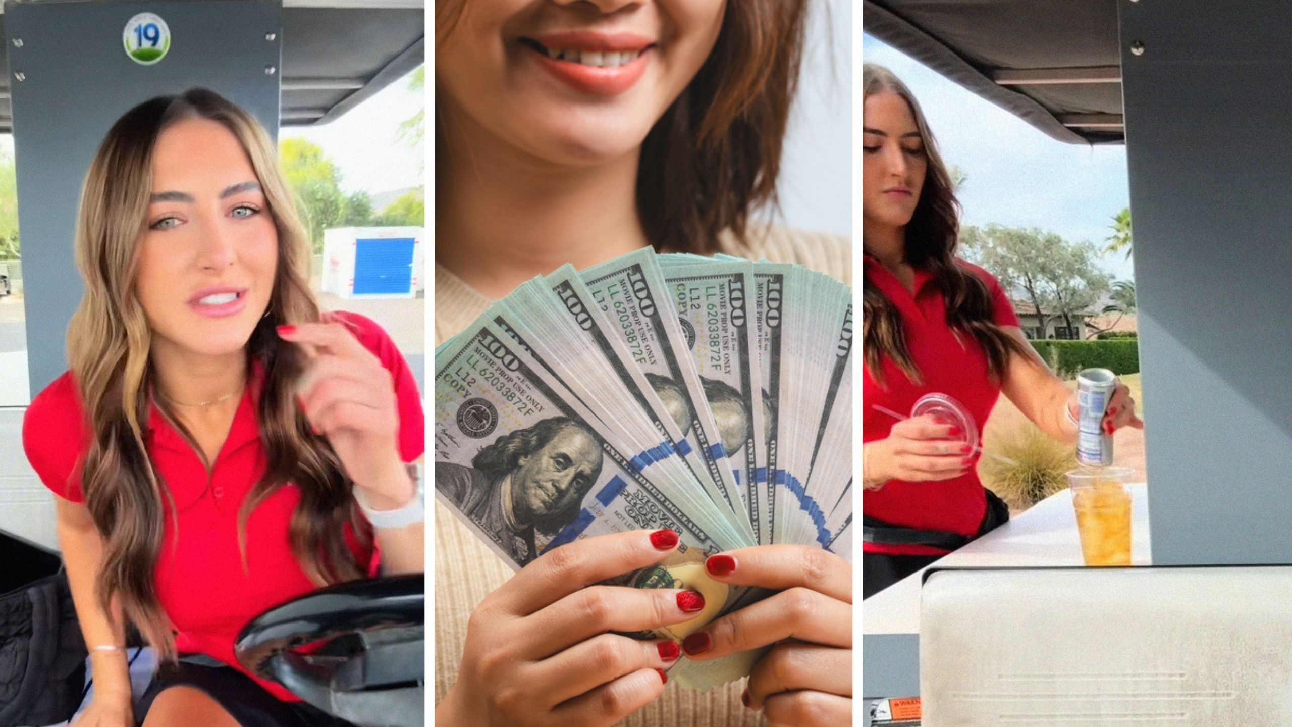 woman shares day of work (l) woman counting her tips (c) beverage cart girl (r)