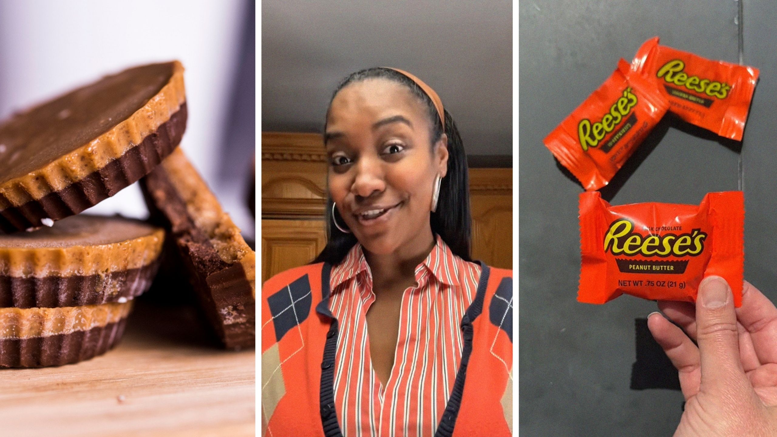 reeses cups (l) wooman shares her reeses encounter (c) reeses mini cups (r)