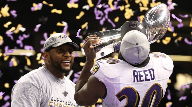 Ray Lewis and Ed Reed celebrate after Ravens won Super Bowl XLVII