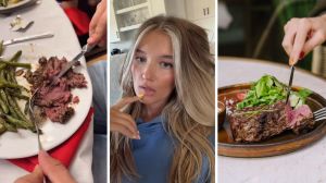 steak spreading like paste (l) woman shares steak issue (c) cutting into steak (r)