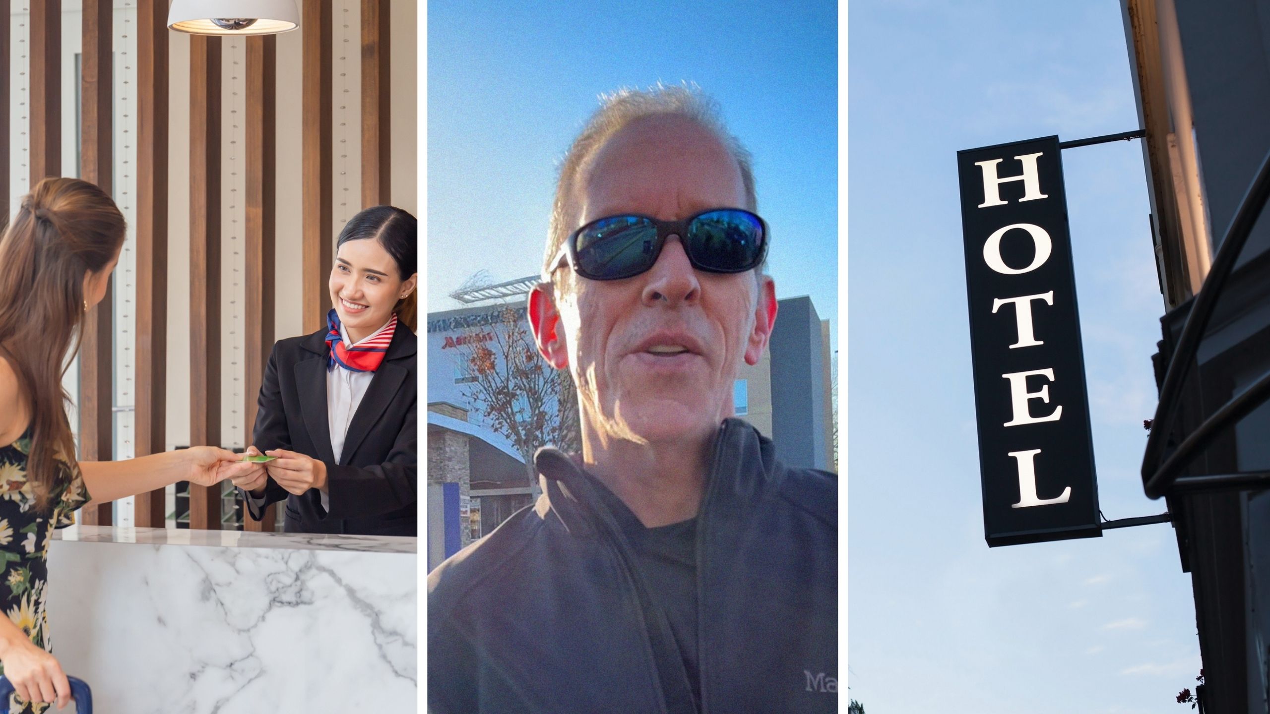 woman checking in hotel alone (l) man shares safety tips (c) hotel sign (r)