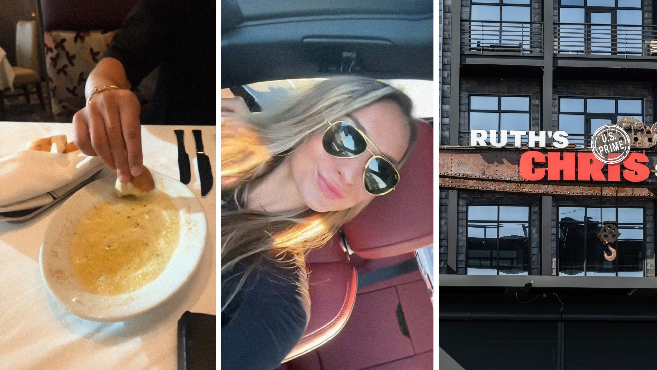 woman eating bread and butter (l) woman shares secret menu item (c) ruth's chris front entrance (r)