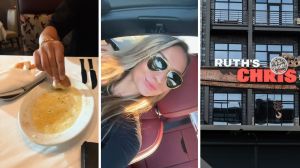 woman eating bread and butter (l) woman shares secret menu item (c) ruth's chris front entrance (r)