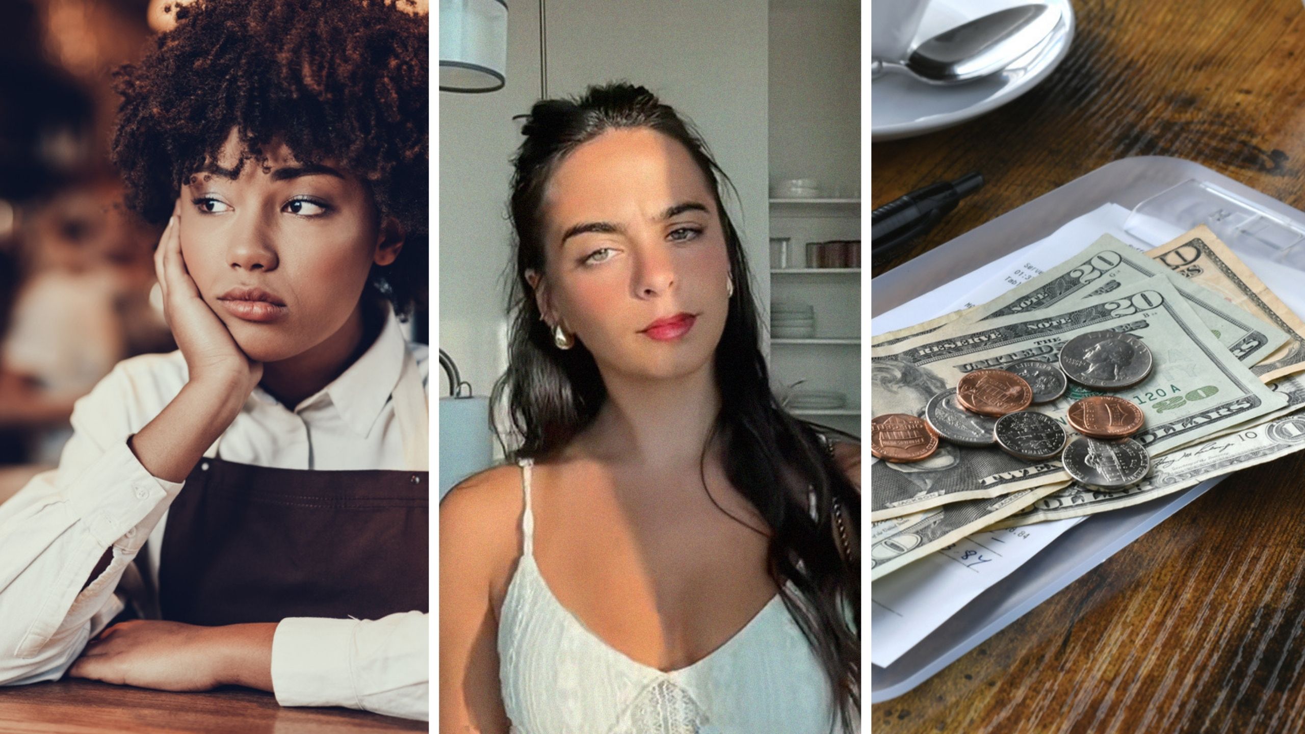 upset server (l) woman shares work issues (c) low tips (r)